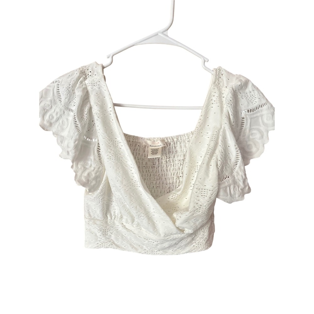 Urban Romantics‎ White Eyelet Lace Surplice Eyelet Smocked Crop Top S Flutter